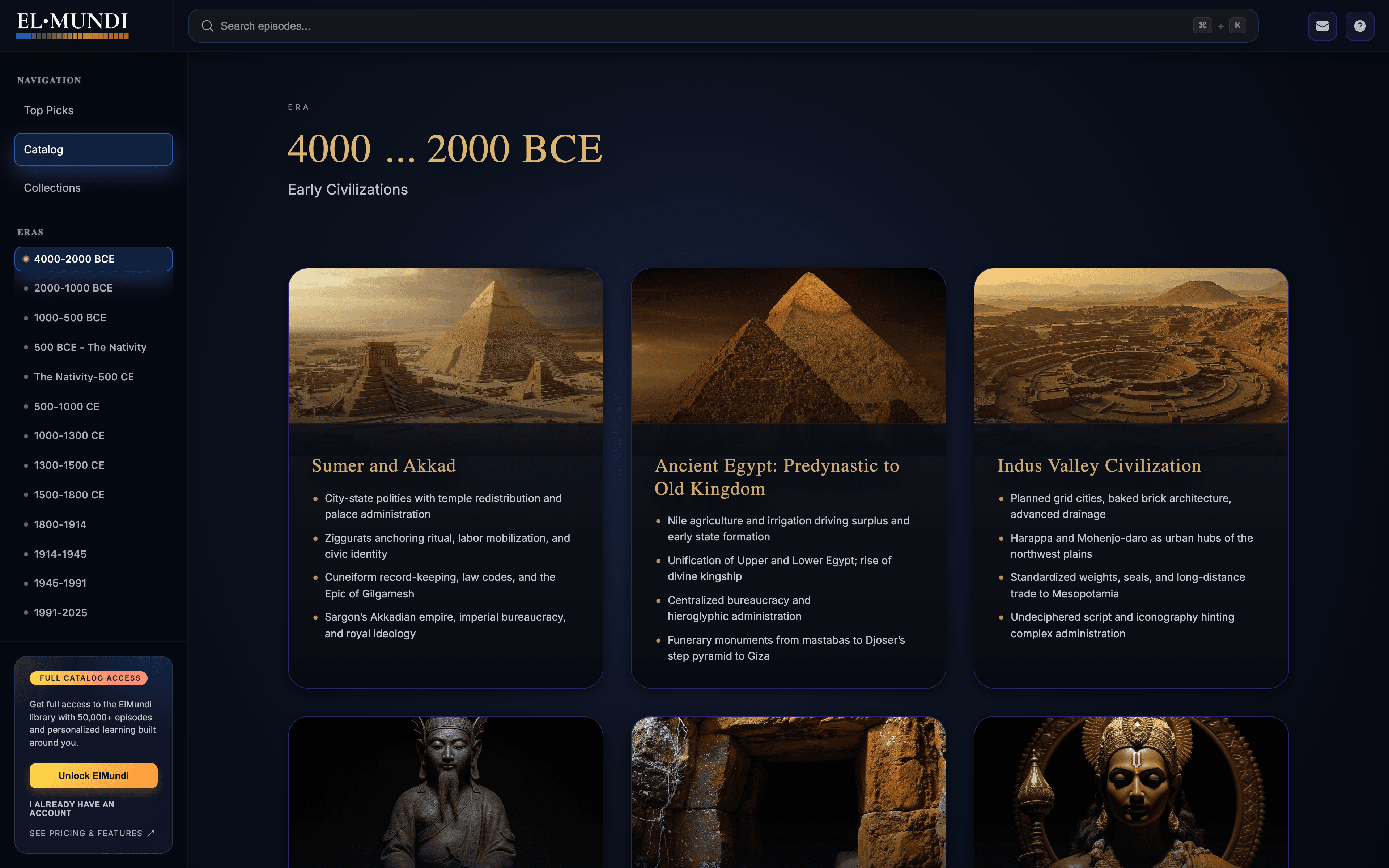 elmundi.com catalog above-the-fold showing civilizations including Sumer, Akkad, Egypt, and the Indus Valley