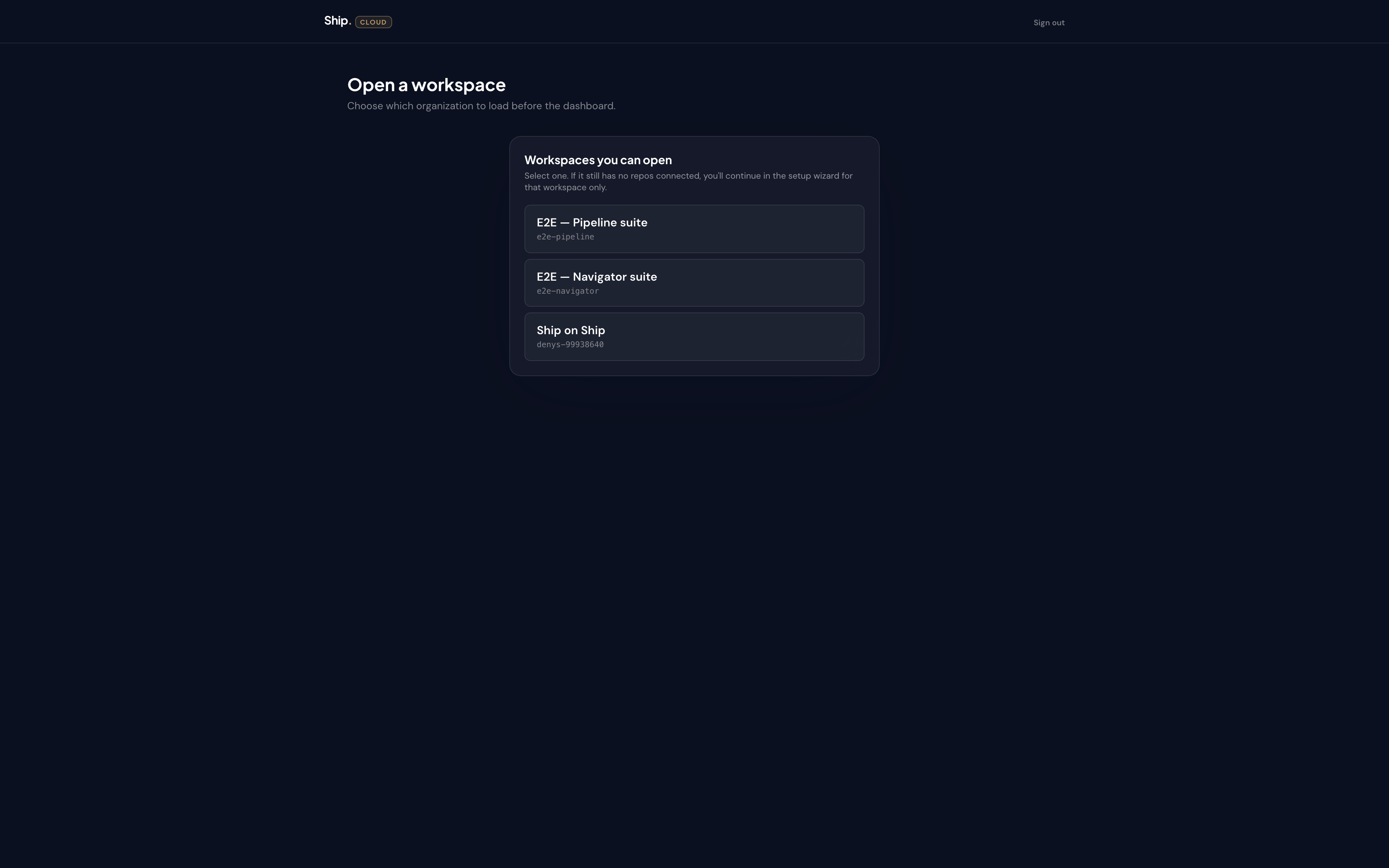 Workspace picker — one row per organization, sorted by what you opened last.
