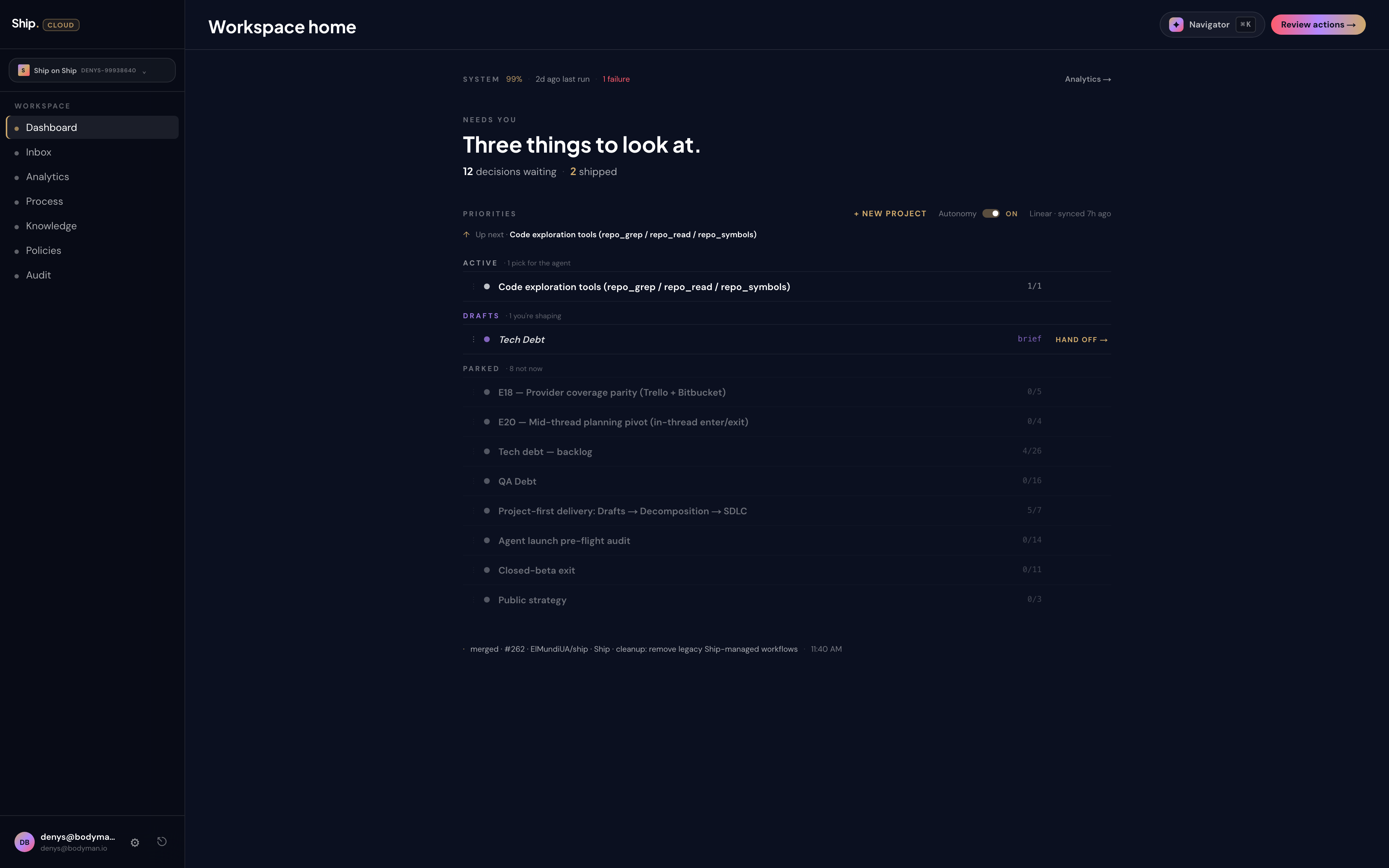 Workspace home — four priority buckets (Needs you, Active, Drafts, Parked) with real tickets and the latest merged PR footer-stamped.