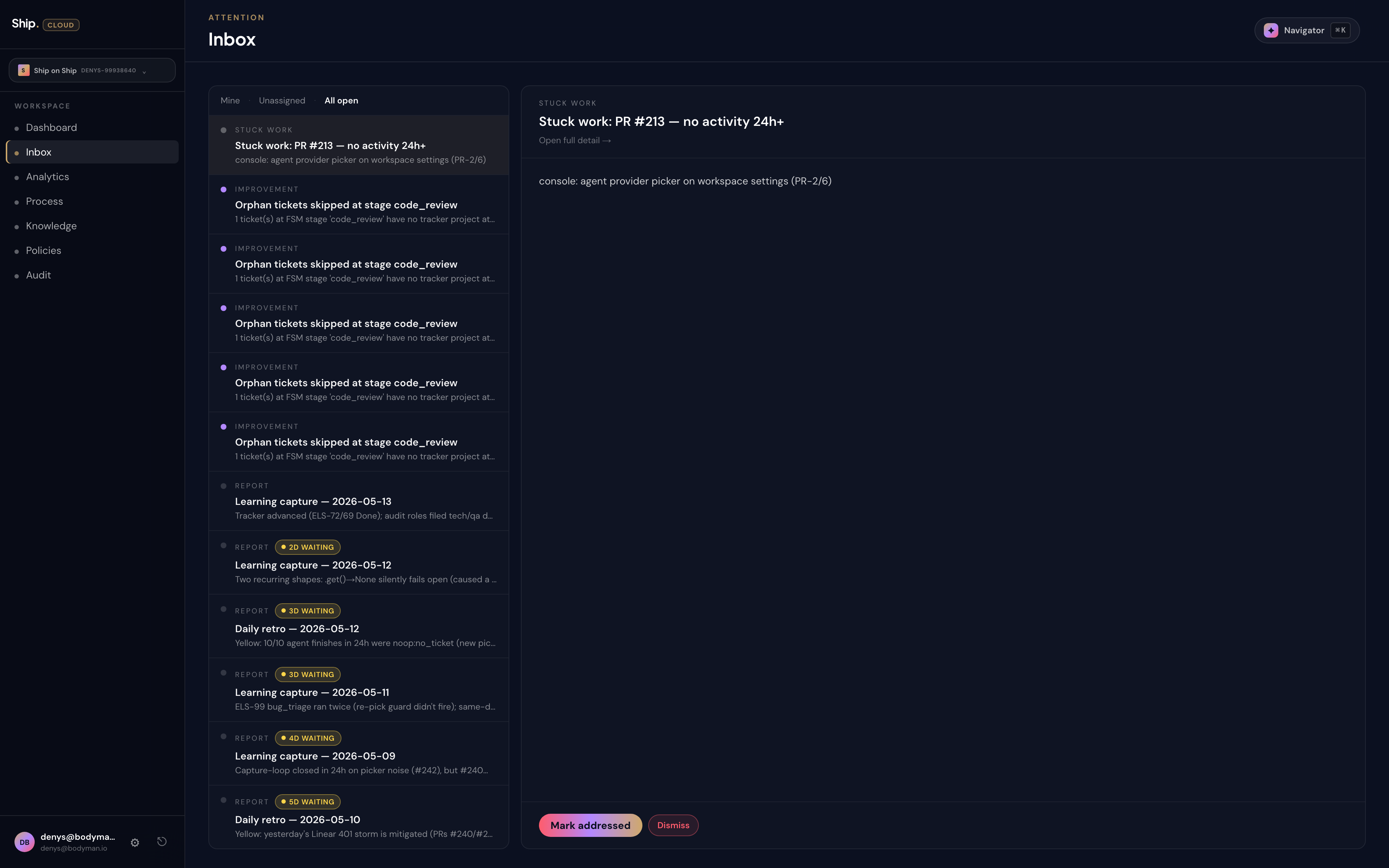 The Inbox — stuck work, orphan tickets, learning captures, and yesterday's daily retro. The card detail panel sits on the right.