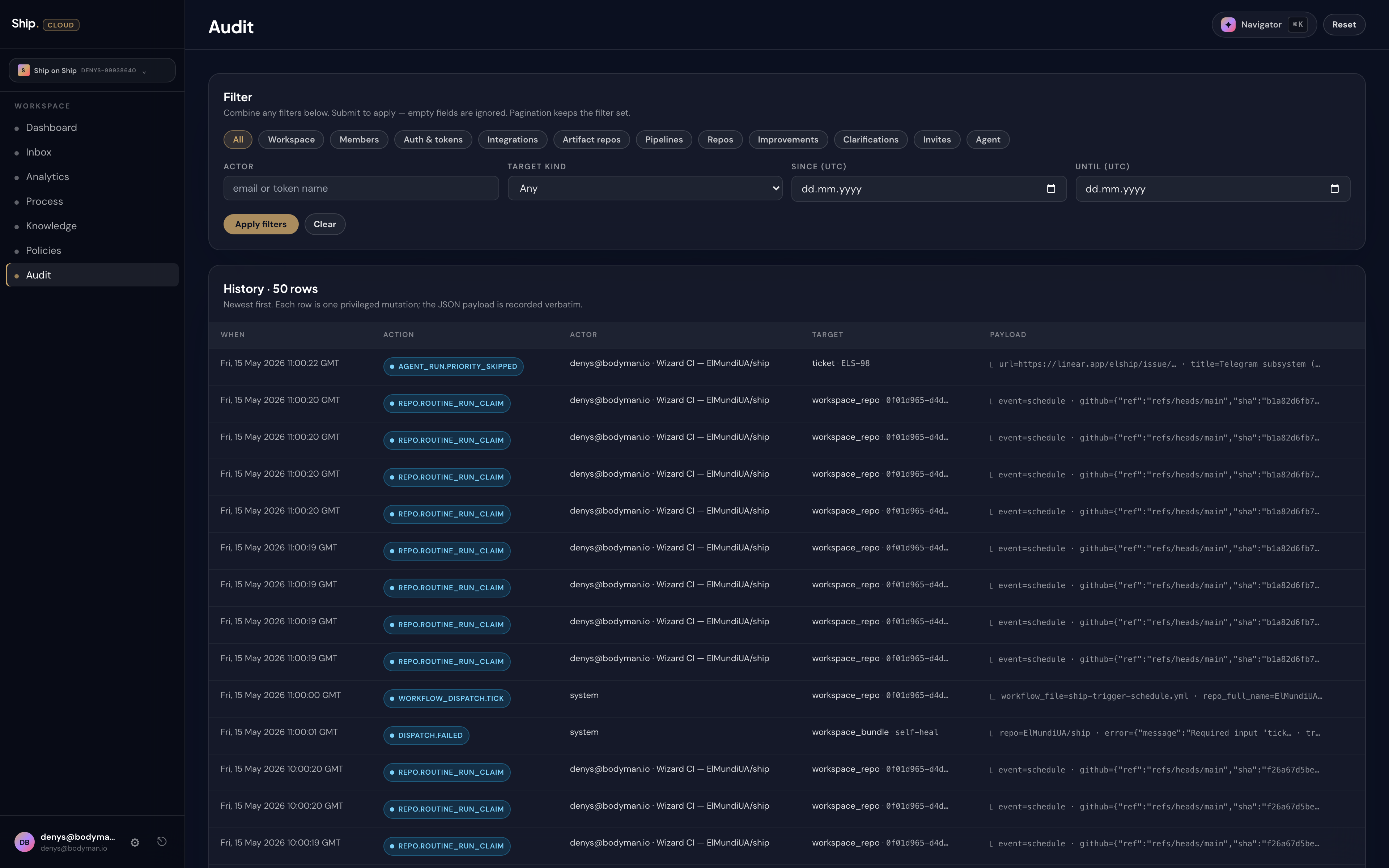 The audit log — every action, every actor, every target. Filter chips along the top let you slice by surface.